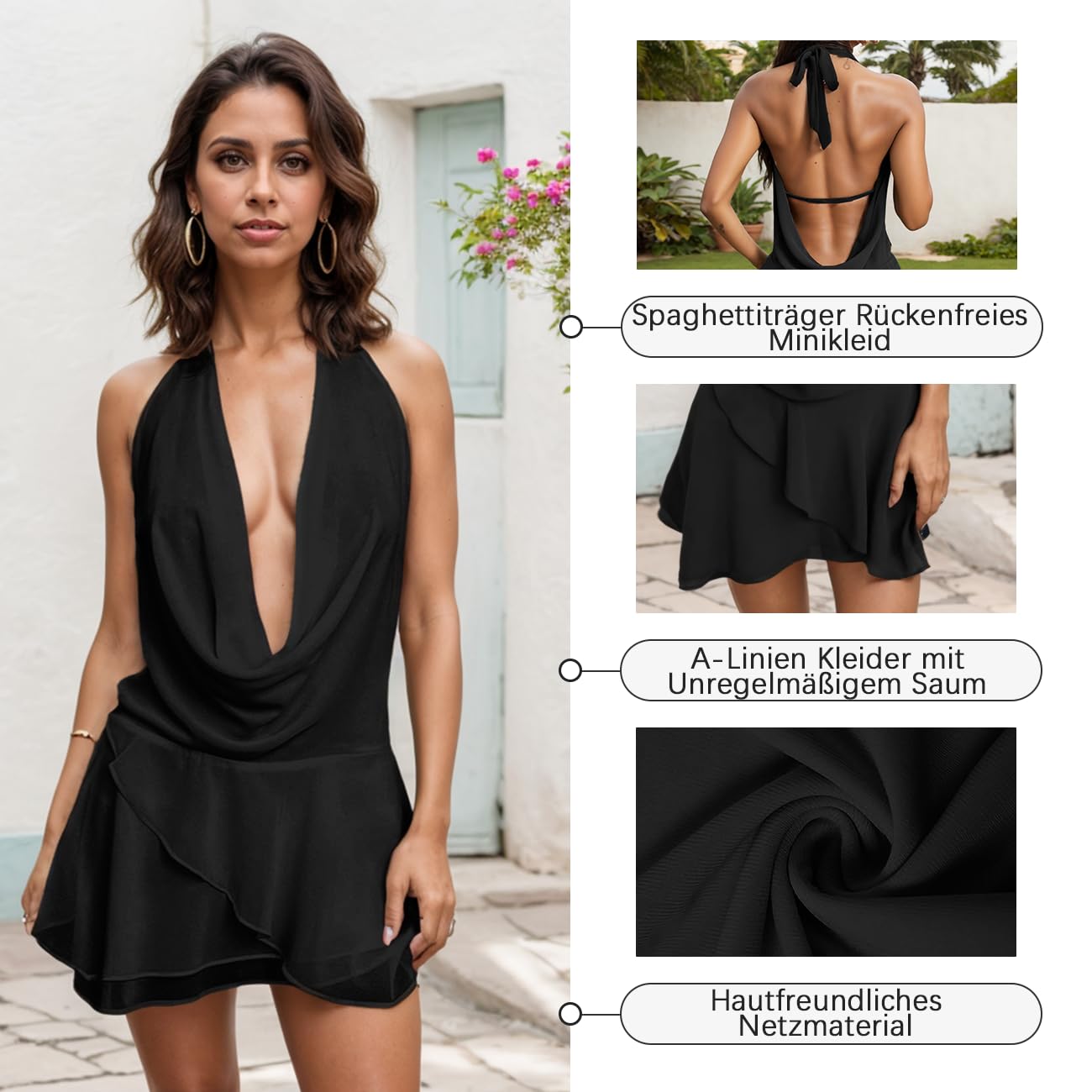 Donna A-Line Spaghetti Strap Dresses Mini Abito Senza Maniche con Orlo Irregolare Backless Ruffle Profondo V-Neck Short Bodycon Slim Fit Summer Dress, Nero, S-L