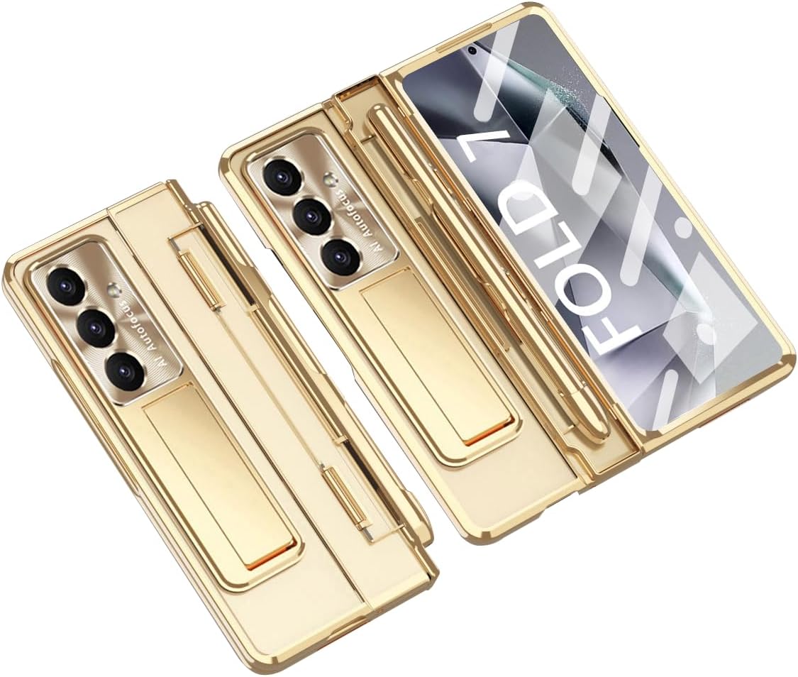 ZORSOME for Samsung Galaxy Z Fold 7 Case with S Pen, Built in Hinge Protection & Screen Protector, Luxury Plating Transparent Full-Body Phone Protective Z Fold 7 Cover [Wireless Charging] (Gold)
