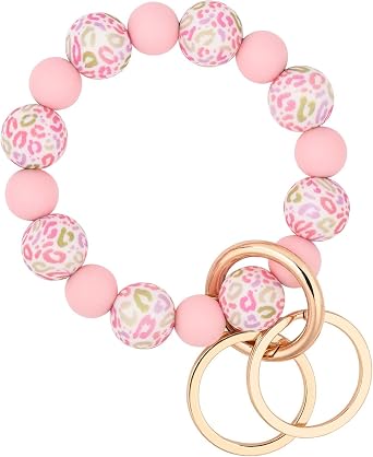 BAOSIWA Silicone Beaded Keychain Wristlet Key Ring Bracelet with 2 Keyrings for Women Girls, Fits for Small Wrists