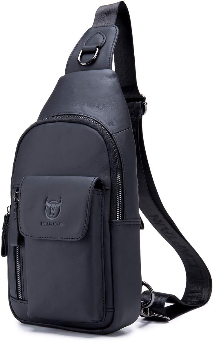 BULLCAPTAIN Genuine Leather Sling Backpack Multi-pocket Chest Bag Crossbody Daypack with Earphone Hole XB-121(Black)