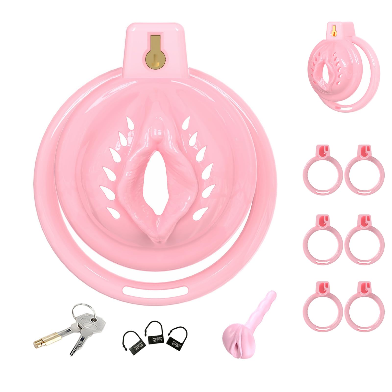 Cage de Chasteté pour Pénis de Sissy Sex Toýs Homme Cage de Pénis avec Serrure Dissimulée et 6 Anneaux Différents Petite Chastity Cage en Silicone avec Cathéter pour Bondage le Pénis (Pink,A)