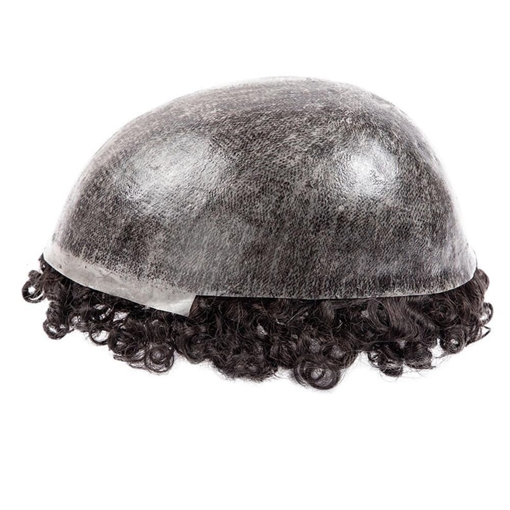 Tupet z prawdziwych włosów dla mężczyzn, 25 mm, ze skóry PU, afro, kręcone, wstrzykiwane, naturalne włosy, system kręconych włosów, dla mężczyzn (naturalna czerń, 7 x 10 cm)
