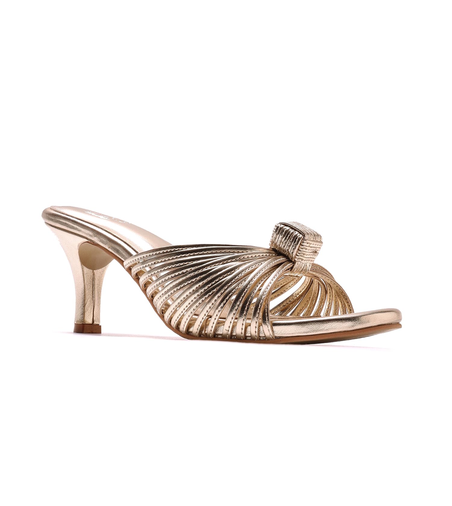 - Women's Metallic Gold Mule Heels with Gem Embellishment Open Toe Mid Heel Party Sandals