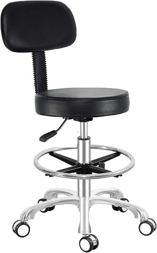 Antlu Rolling Adjustable Stool Drafting Chair for Office Shop Kitchen Medical Salon,Swivel Stool with Wheels and Back (Black, with Foot Ring)