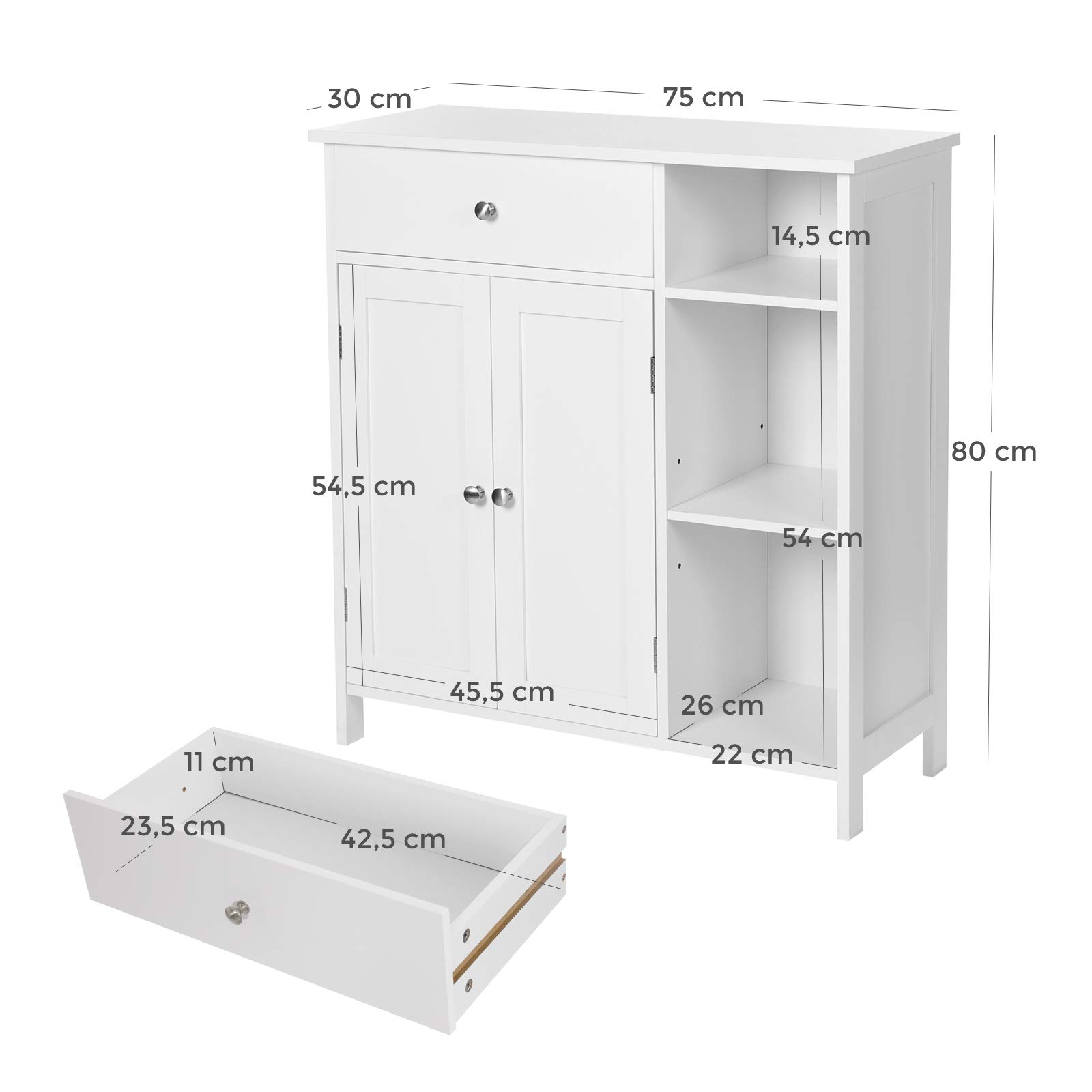 VASAGLE BBC142W01 Szafka łazienkowa, organizer do przechowywania, szafka z szufladą, 3 otwarte półki, regulowane półki, 2 drzwi, 75 x 30 x 80 cm, styl skandynawski, biały matowy
