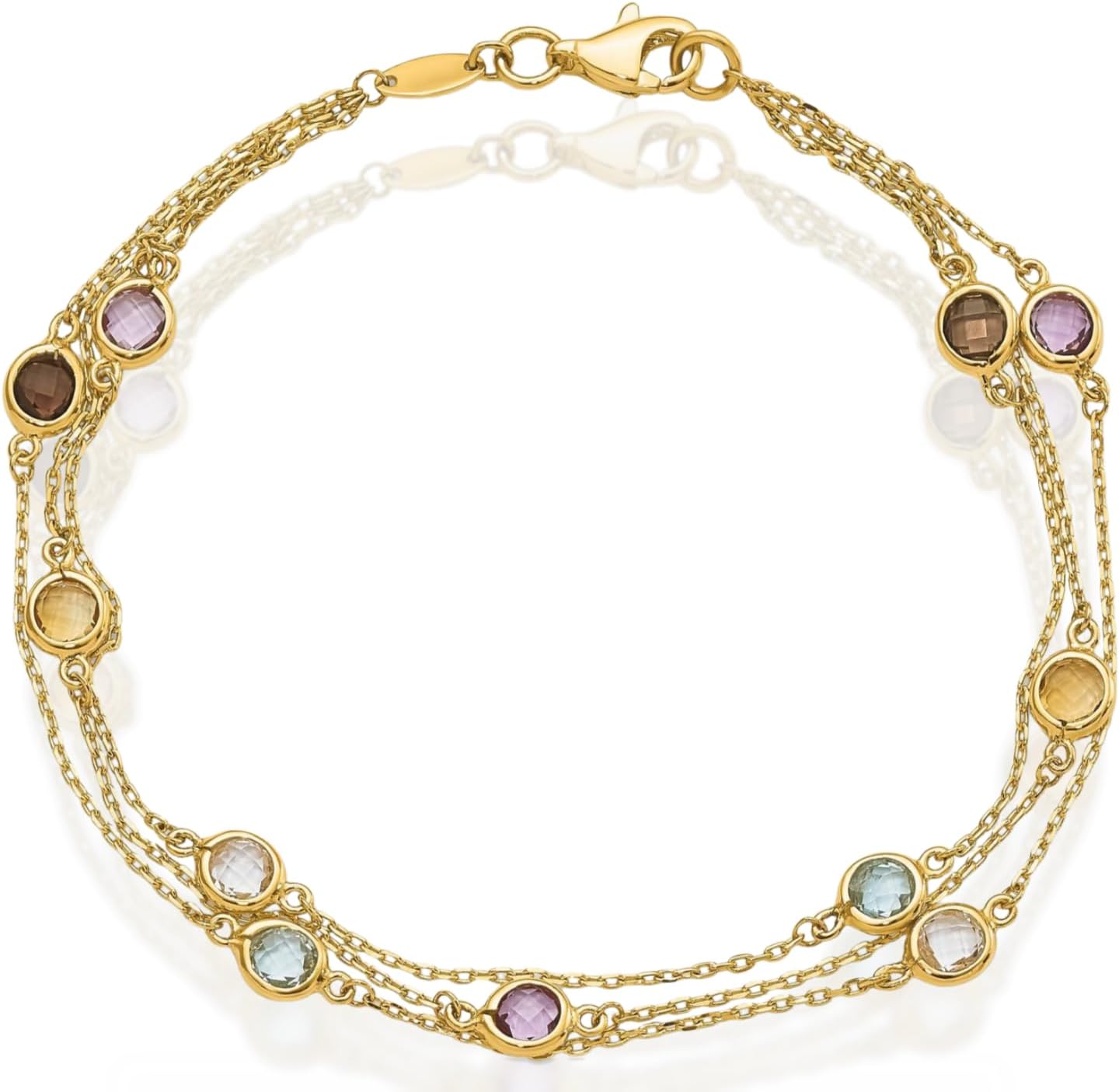 IceCarats 14K Solid Yellow Gold 2.95 carat Purple Smoky Quartz Blue Topaz Amethyst Cable Chain Multi gemstone 3 Strand Tennis Bracelet 7.5 inch Round Cut For Her