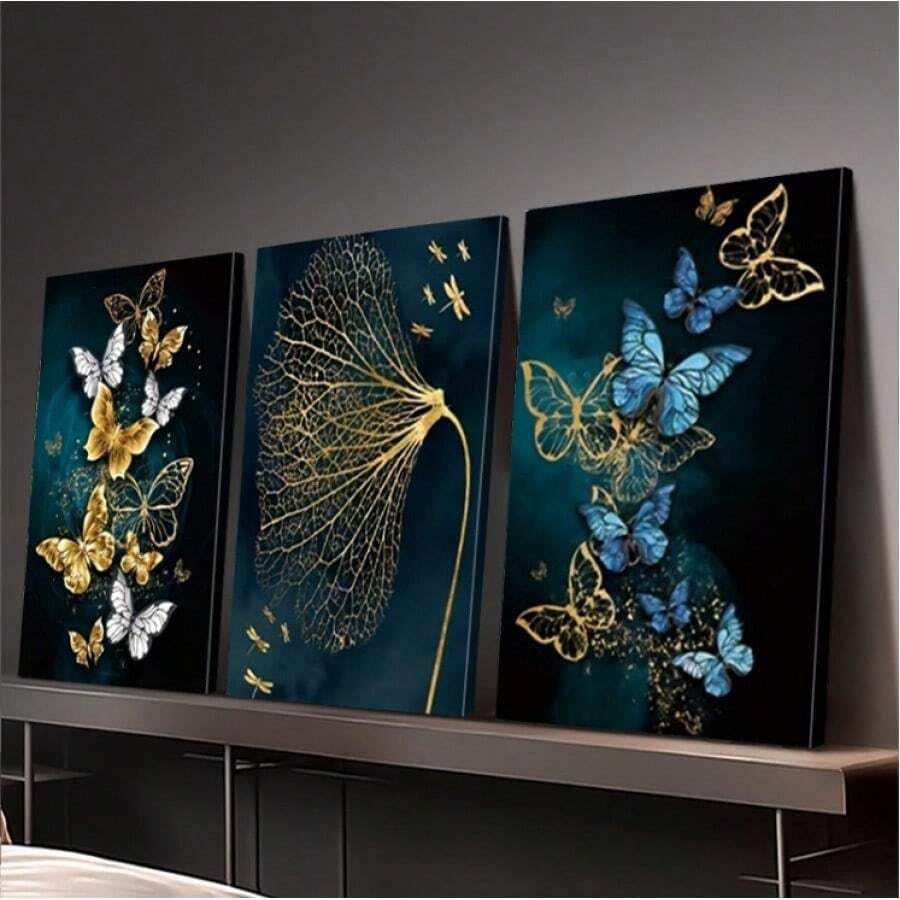 Affiches de papillons abstraits 70x100 cm triptyque avec cadre intérieur noir et or