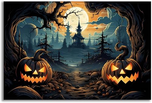 Decoración de muebles de Halloween, farol de calabaza, arte para pared, póster de terror de castillo negro con cara sonriente de calabaza, impresión