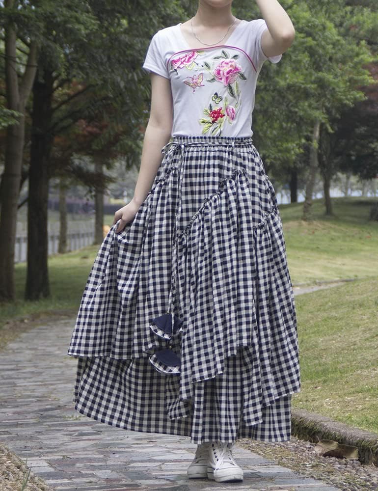 IDEALSANXUN Womens Elastic Waist Aline Cotton Lined Retro Maxi Hem Pleated Long Skirts - Image 2