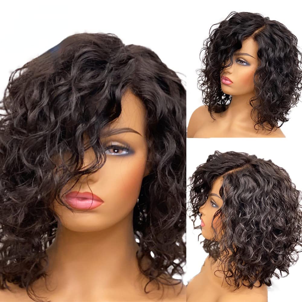 Curly Bob Wig For Women Natural Black Color Pre Plucked Pixie Cut Short Hair 13x4 Transparent Lace Front Human Hair Wig With Baby Hair Brazilian Remy Hair 150 Density 14"