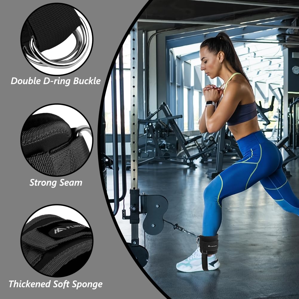 flintronic Cavigliere Cavi Palestra, 1 Paio Cavigliere Puleggie con Doppio D Anello, Palestra Cavigliera Regolabile con Cinturino Aggiuntivo per Il Piede, Allenamento Glutei Esercizi Gambe