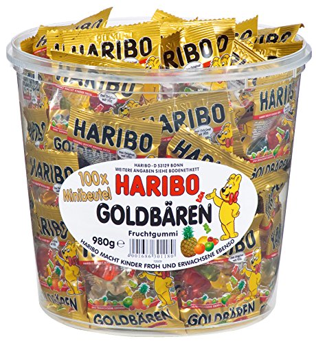 HARIBO Ositos Dorados, Gominolas de Fruta, 100 Bolsitas, Tarro de 980 g