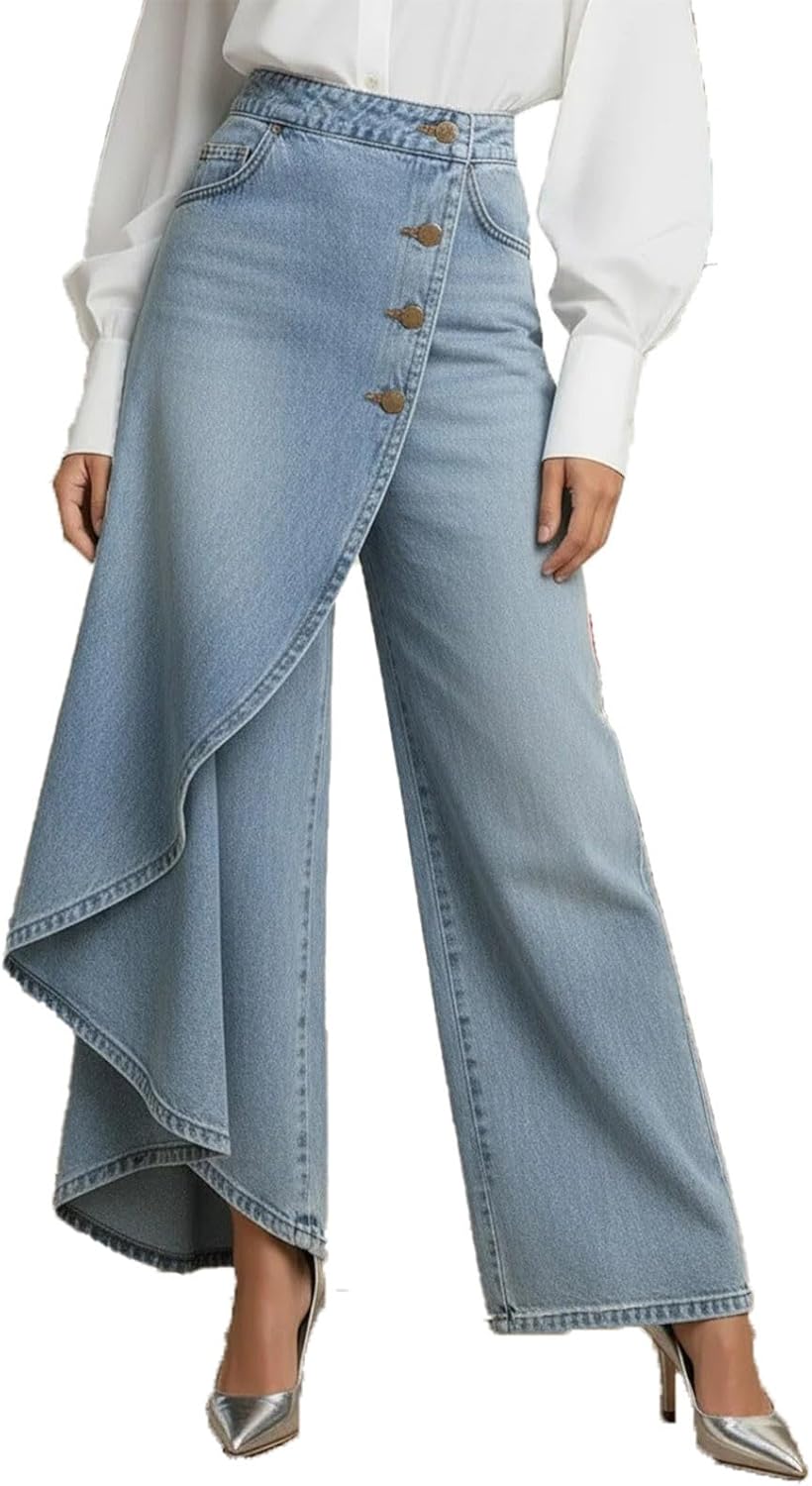 Women's Asymmetrical Ruffle Wide Leg Denim Pants Skirt High Waist Overlay Jeans Button Fly Vintage Streetwear Pants