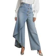 oiangi Womens Wide Leg Jeans High Waisted Denim Palazzo Pants Asymmetrical Wrap Front Buttoned Detail Casual Trendy Trousers
