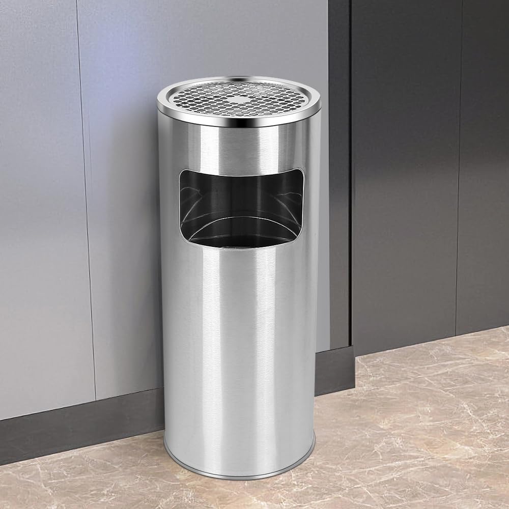 Cenicero de pie 2 en 1 de acero inoxidable con cubo de basura, 30 litros, cubo interior extraíble, cenicero de pie para exterior, cenicero para entrada, hotel (plata + negro, 30 L, 2 unidades)