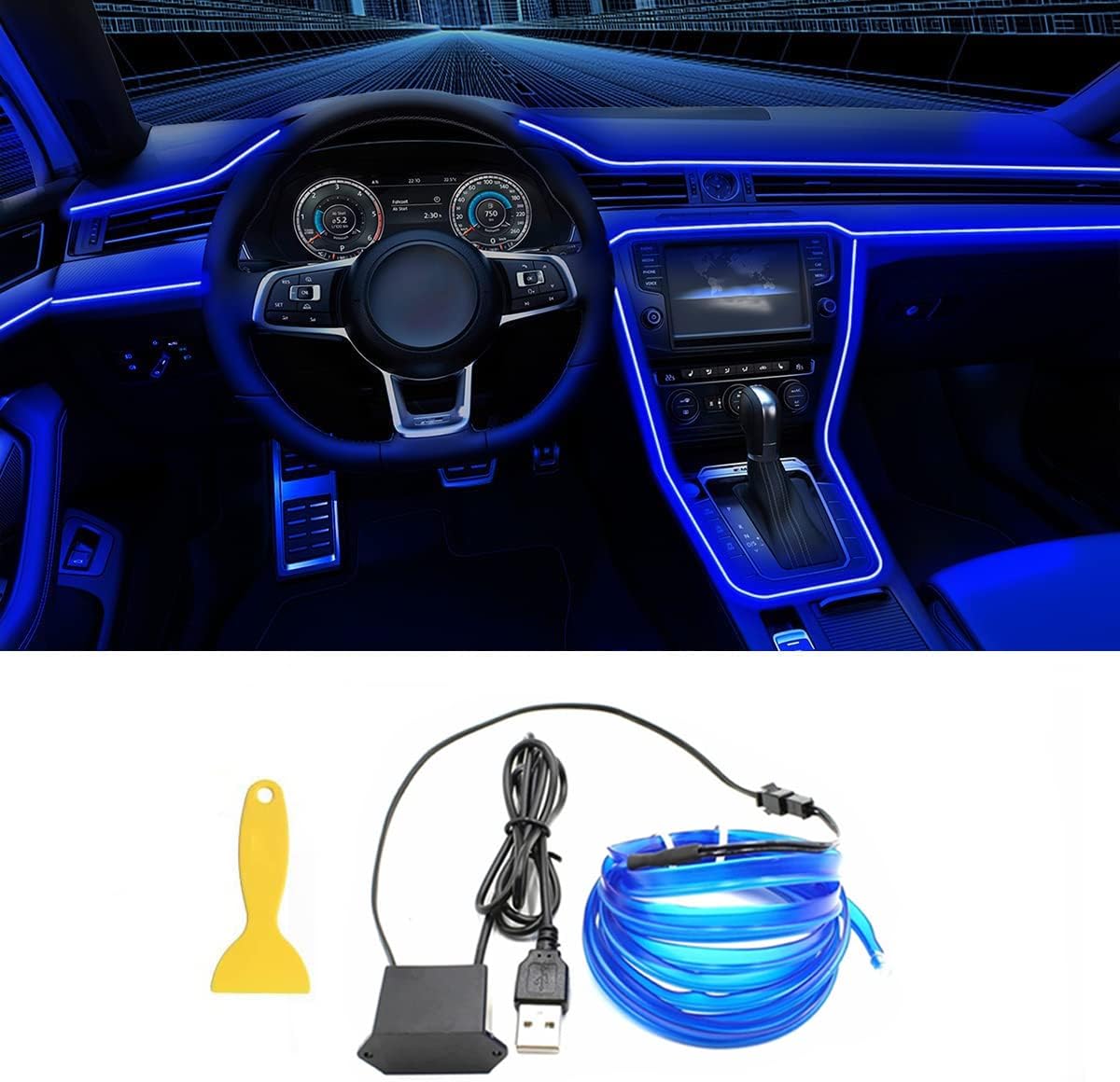 EL Wire Interior Car LED Strip Lights, QVEVDACAR USB Neon Glowing Strobing Electroluminescent Wire Lights with 6mm Sewing Edge, Ambient Lighting Kits for Car, Garden, Decorations (Blue, 3M/10FT)