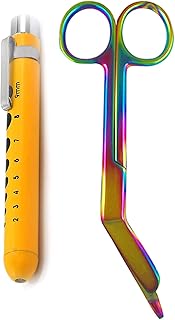AAProTools Heavy Duty Reusable Penlight + Multi Rainbow Color Nurse Doctor Medical Lister Bandage Scissors Shears (Dark Yellow + Bandage Scissors 4.5