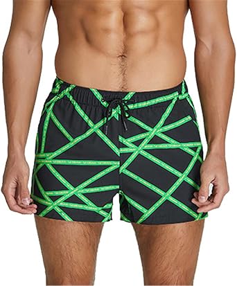 Mens Printed Shorts Elastic Waist Drawstring Swim Trunks Swimwear Beach Shorts with Pockets Black