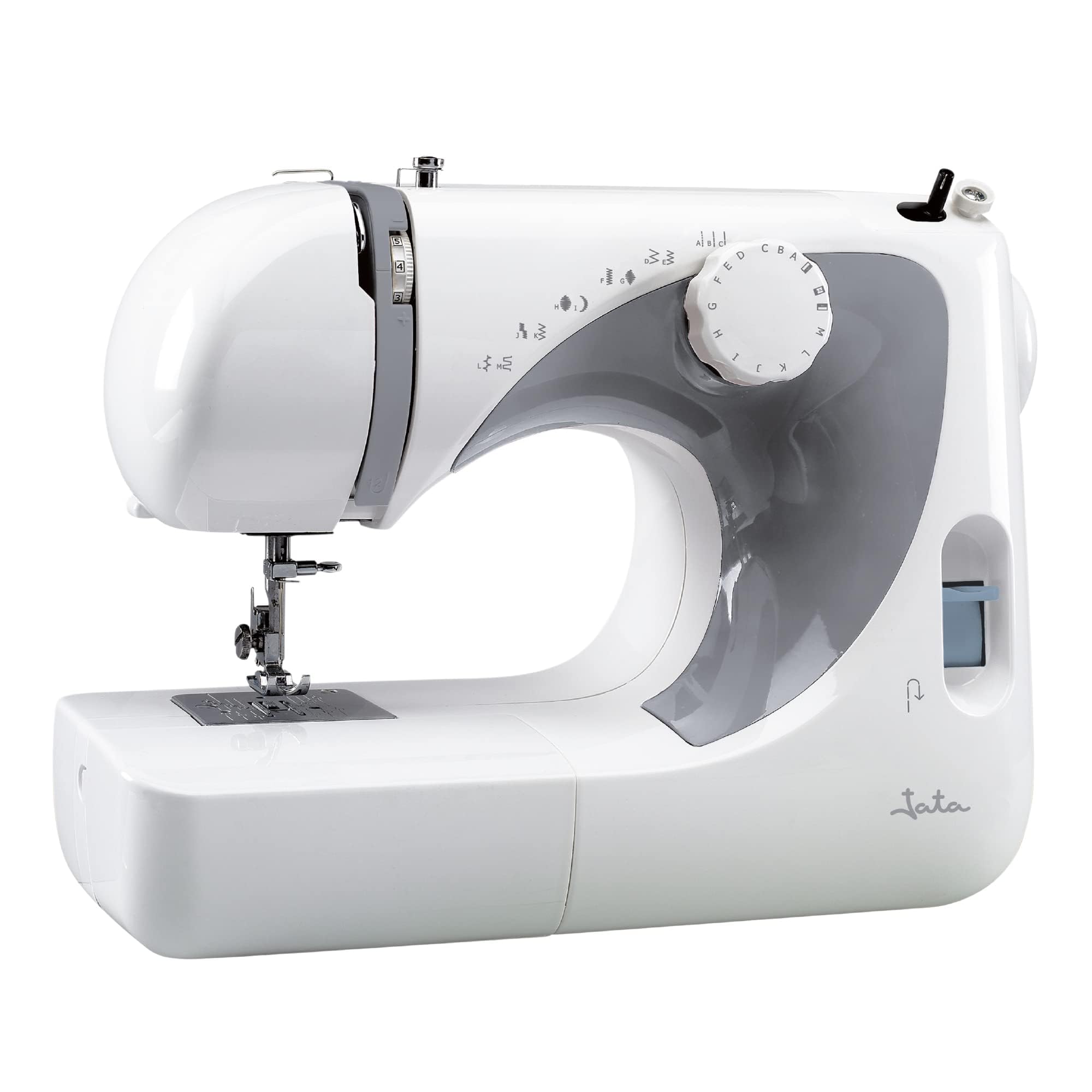 JATA JSMC5217 Maquina de Coser con 13 Diseños de Puntada, Pespunte y Zigzag. Ojal en 4 Tiempos con Pedal Portátil. Incluye accesorios. Diseño Compacto. Bajo Peso