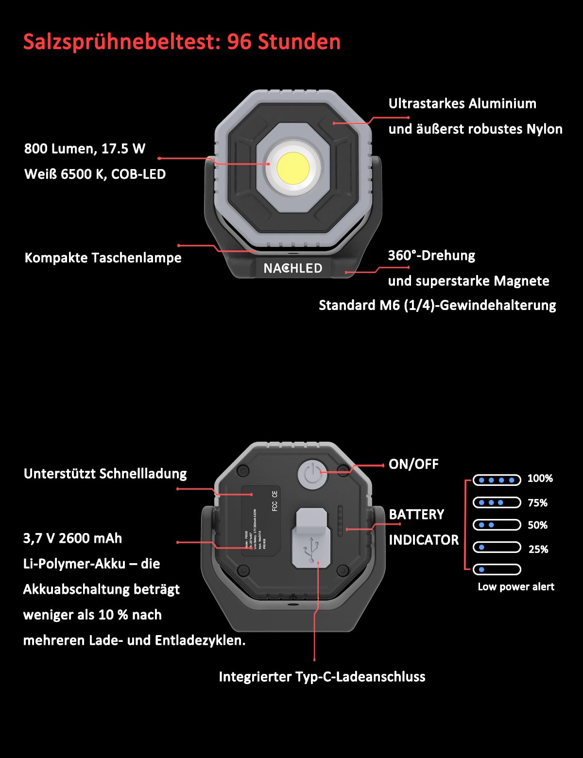 LED Arbeitsstrahler 800 lm Akku strahler Arbeitsleuchte Typ-C wiederaufladbar 2600 mAh mit 360° drehbarem Magnetständer IP65 für Autoreparatur DIY und Wartung