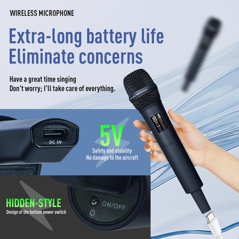 Metal Handheld Wireless Microphones with Dual Professional UHF Cordless Dynamic System,Rechargeable Microphone Receiver for Karaoke Singing, Wedding,Party, DJ, Speech, Church, Class Use,200ft - Image 2