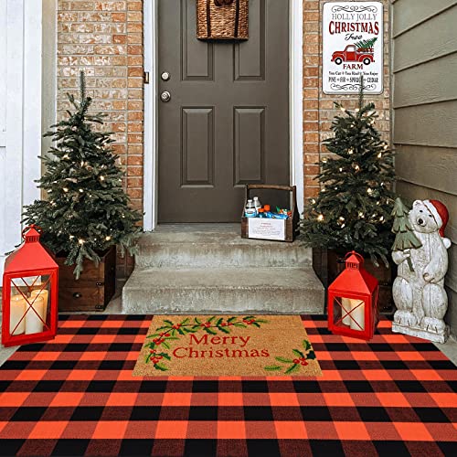 Fall Plaid Area Rug 4x6 Ft, Orange and Black Buffalo Check Large Farmhouse Cotton Rug, Hand-Woven Washable Indoor Outdoor Carpet for Halloween Thanksgiving Autumn Porch Patio Decor