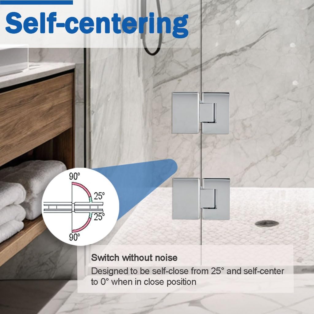 Brass Glass Door Hinge Heavy Duty Short Back Plate Hinges, Shower Door Hardware Replacement for 5/16" to 1/2" (8 to 12 mm) Tempered Glass 135° 180° (Chrome, 180°)