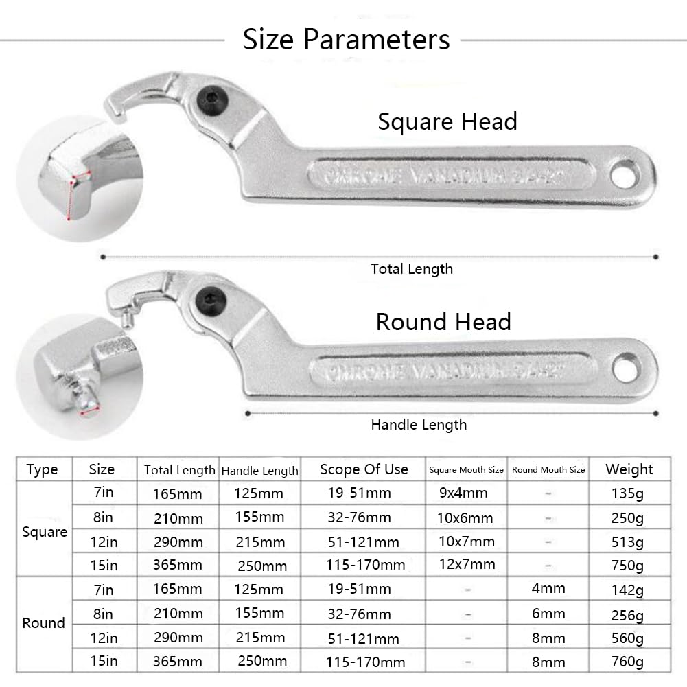 4 Piezas Ajustable C Pasador Llave Gancho Juego De Llaves, Cromo Vanadio Pasador C Llave De Gancho Llave Inglesa Para Apretar Tuercas Y Cojinetes, Plata, Square Head