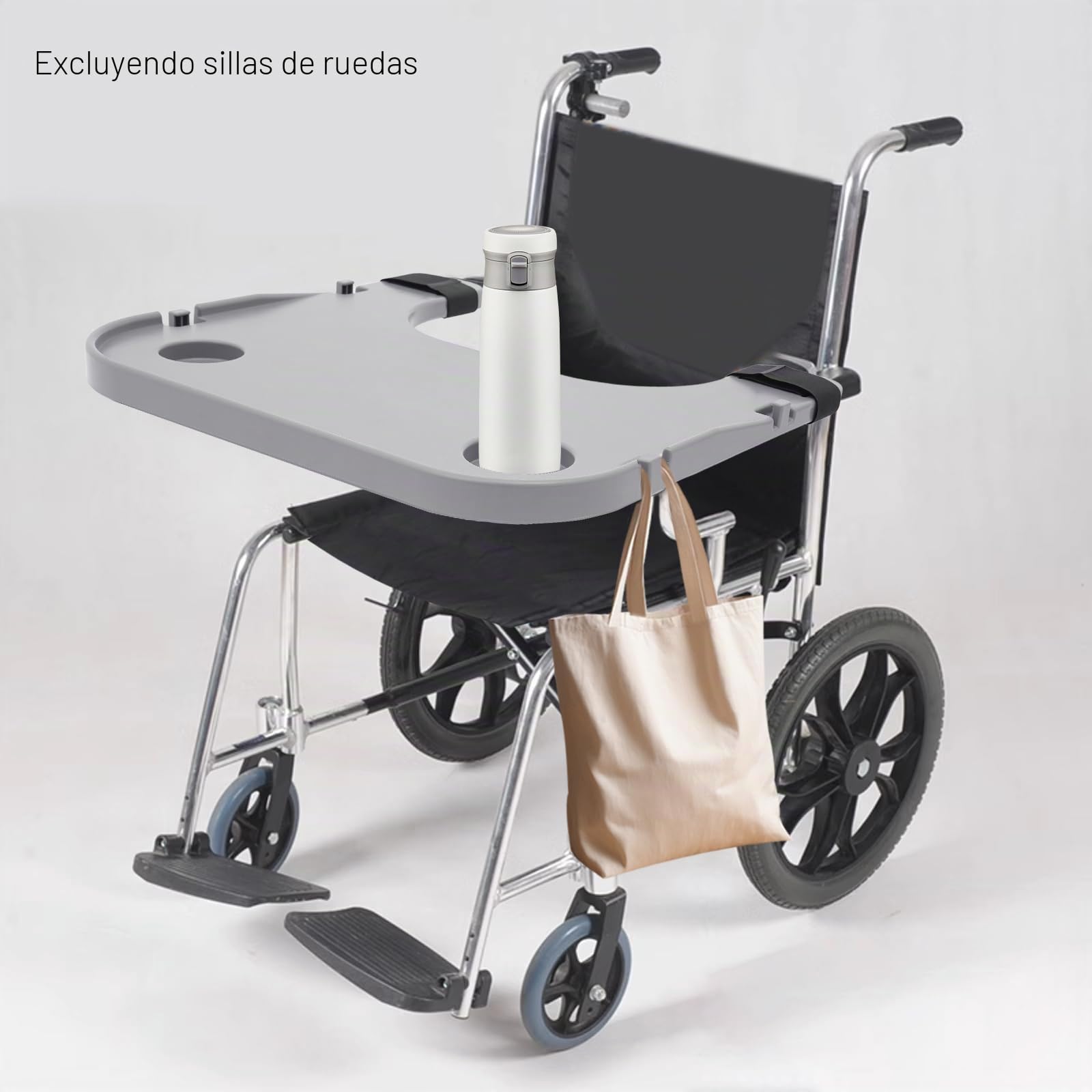 Bandeja para silla de ruedas con portavasos, bandeja de plástico ABS para silla de ruedas, extraíble, fácil de instalar, bandeja para silla de ruedas, capacidad de carga total 80 kg, 58 x 53 cm (gris)