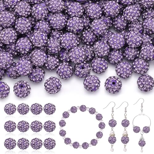 200 Pcs Purple Rhinestone Beads for Jewelry Making, Sparkle Crystal Clay Christmas for Bracelet Baseball Necklace Earring Crafting and DIY, Shiny Round Shamballa Disco Ball Beads Bulk