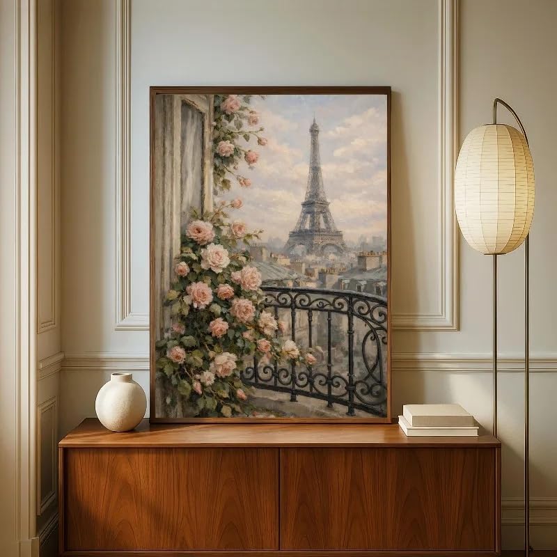 Póster decorativo de pared con balcón y rosas para decoración del hogar