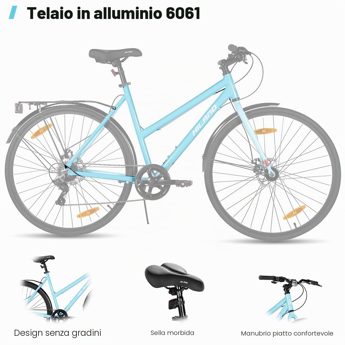 HILAND Bicicletta da Corsa 28 Pollici Uomo Donna, Bici da Città 700C con Telaio in Alluminio Leggero, Cambio a 7 Velocità, Freni a Disco Meccanici, Urban Bike per Pendolarismo