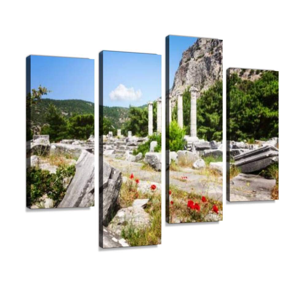 HIPOLOTUS 4 Panel Canvas Pictures Ruins of Athena temple in Priene Turkey Wall Art Prints Paintings Stretched & Framed Poster Home Living Room Decoration Ready to Hang