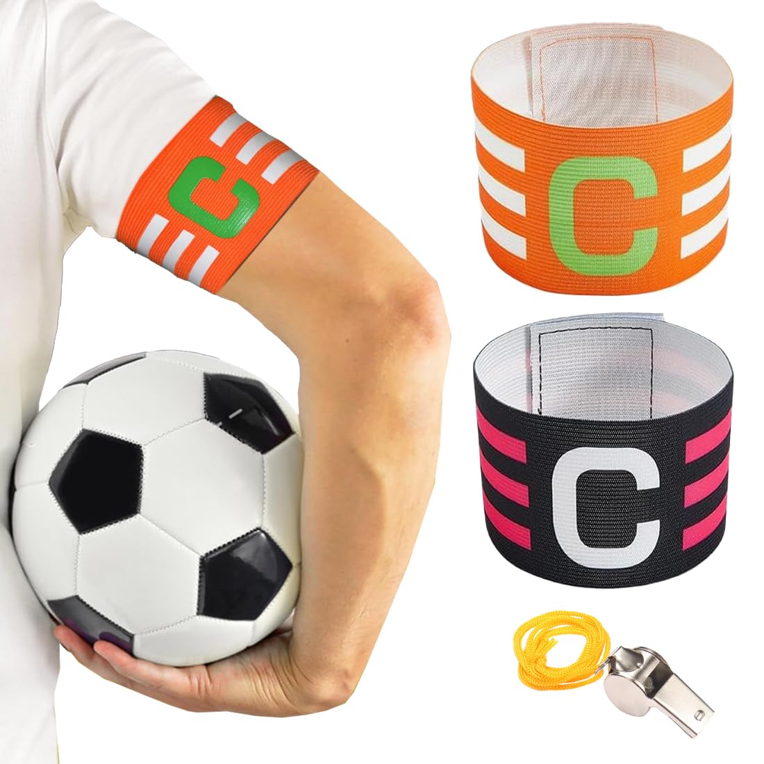 Brazalete de capitán de fútbol deportivo elástico con cierre para adultos y silbato (negro, naranja)