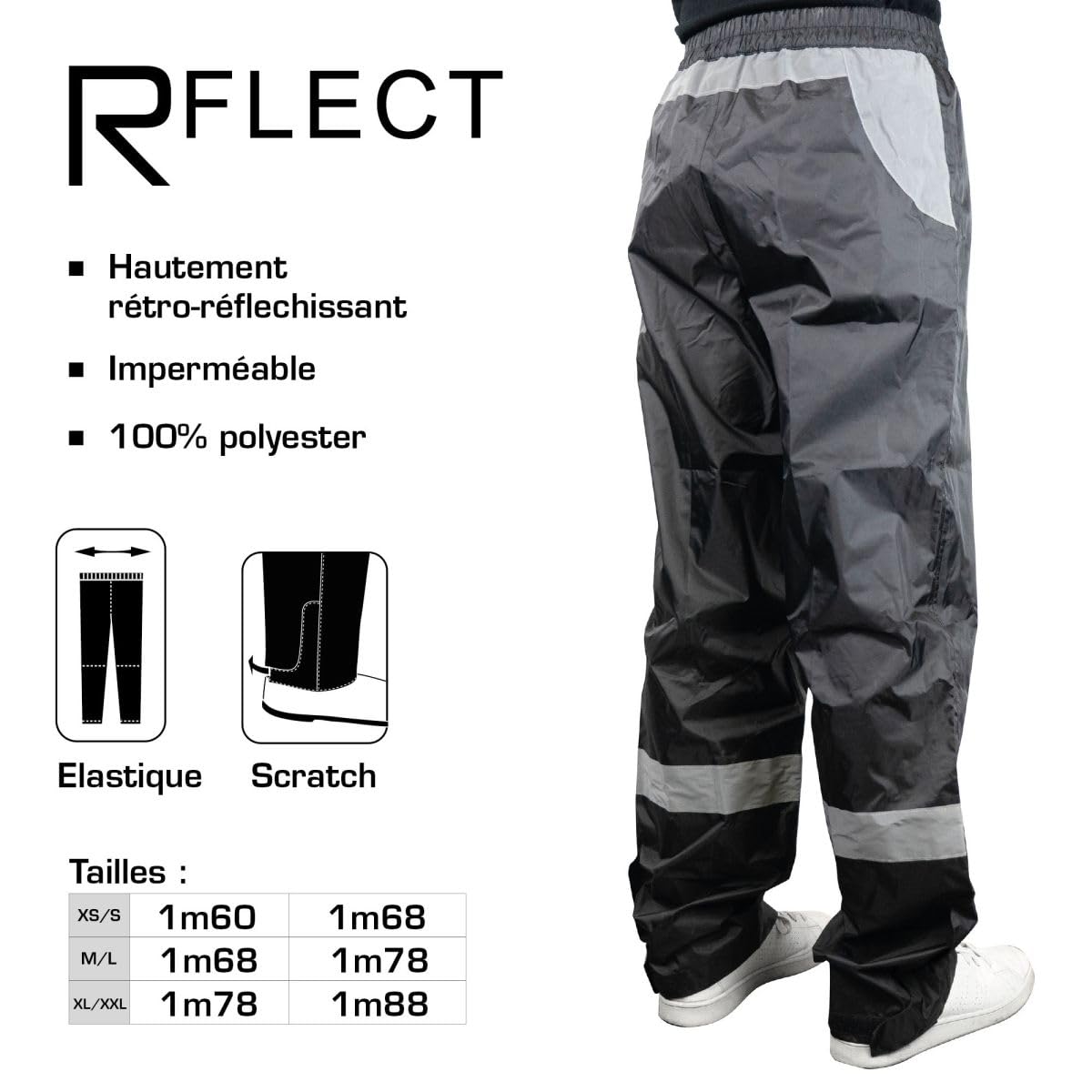R-FLECT Pantalon de Pluie Adulte imperméable Unisexe - Pantalon réfléchissant Haute visibilité - Livré avec Sac de Rangement - Homologué CE