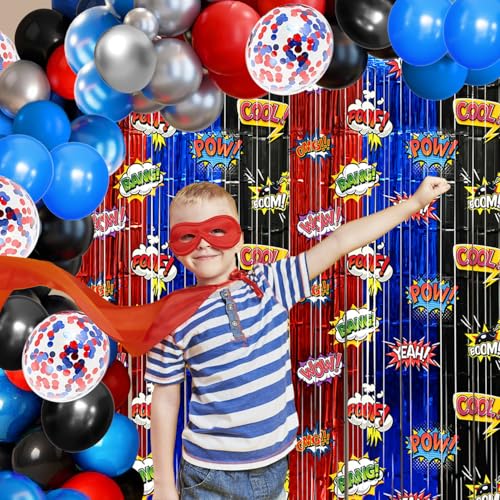 Image of Black Red Blue Balloon Garland Arch Kit Birthday Party Decorations, Hero Foil Fringe Curtains Backdrop Tinsel Streamer Photo Booth Props for Hero Party Decor Supplies Favors