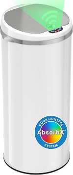 iTouchless 50 Liter / 13 Gallon Sensor Kitchen Trash Can with Odor Filter Slim Round White Stainless Steel Automatic Garbage Recycling Bin for Home, Office, Business, Garage