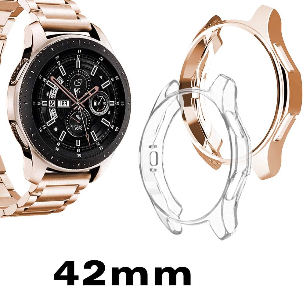 Mosonio Compatible with Samsung Galaxy Watch 42mm Bands + 2 Pack Soft TPU Protective Case Cover, 20mm Stainless Steel Metal Replacement Strap for Galaxy Watch (42mm) SM-R815/SM-R810(42mm, Rose Gold)