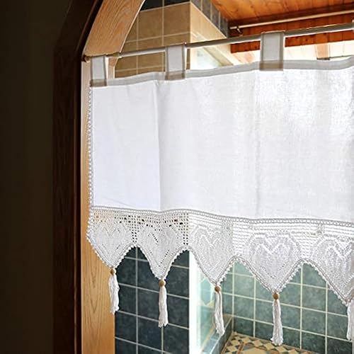 Miniatura 2 de Cenefa de ventana de algodón con borde de cuentas de agujero sólido, cenefa de cocina bohemia, semi opaca, cortina de café con pestañas superiores