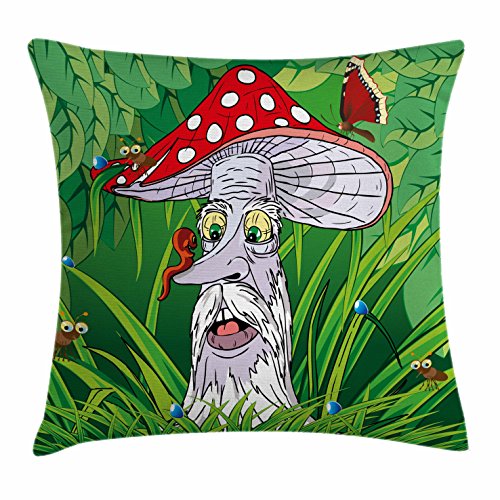 Lunarable Mushroom Throw Pillow Cushion Cover, Old Aged Mushroom Grandpa with Various Jungle Animals Greenery Growth Cartoon, Decorative Square Accent Pillow Case, 40