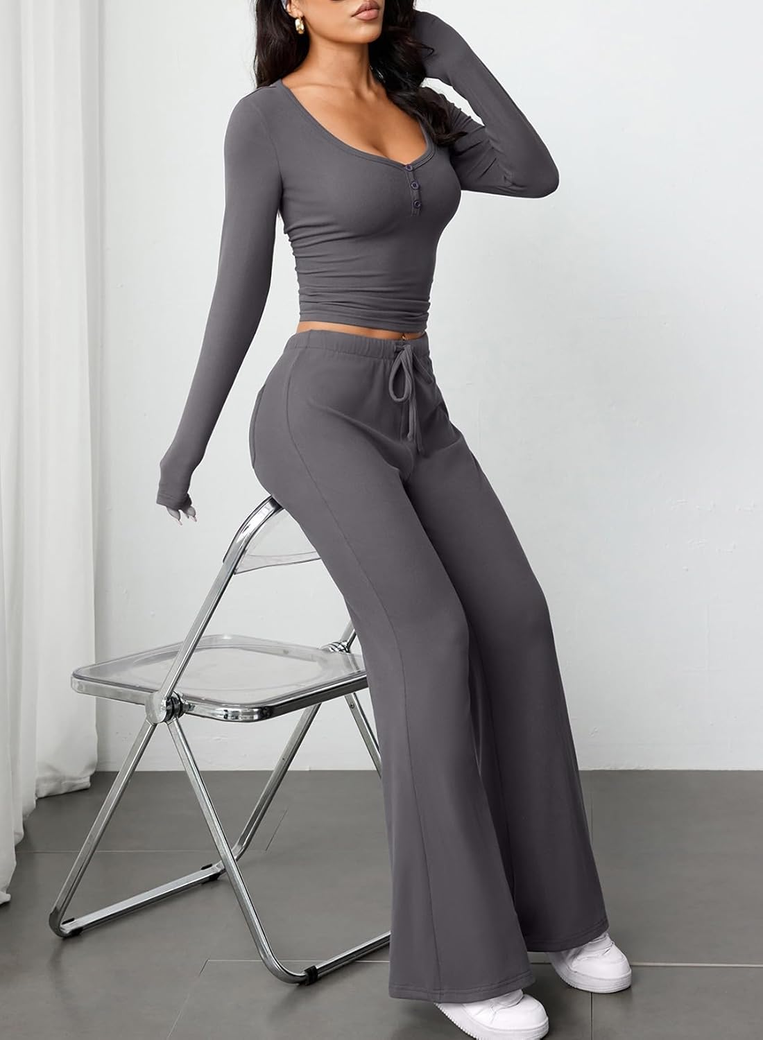 Herseas Women's 2 Piece Outfits Long Sleeve Button Down Tops Flared Pants Tracksuits Casual Lounge Set