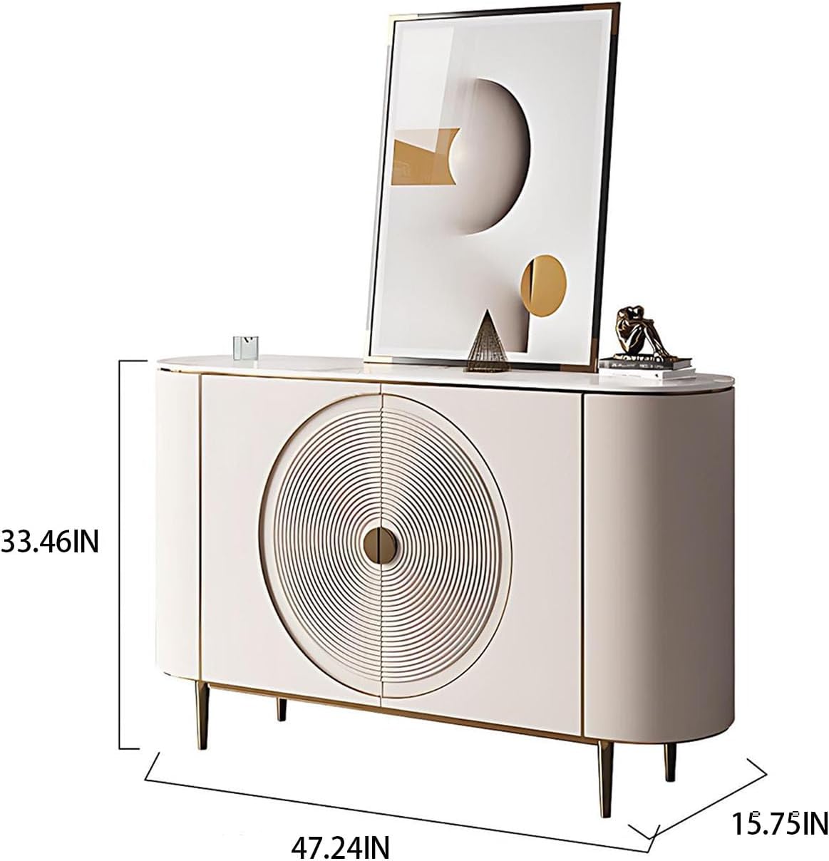 Sideboard Buffet Cabinet - Storage Cabinets with Spiral Relief Design & Rock Slab Countertop,Baking Paint Sideboards Console Include Stainless Steel Legs for Kitchen,Living Room,Beige,47.24''
