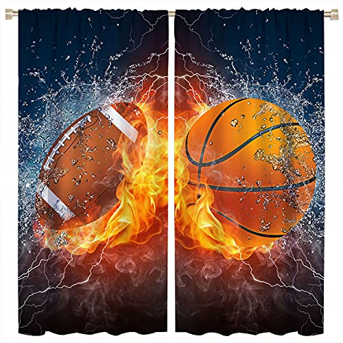 American Football Thermal Blackout Curtains Rod Pocket Kids Sports Theme Basketball With Water Flame Splashing Thunder Lightning Window Curtain Drape Thermal Insulated Darkening 42X63 Inch #TOP18