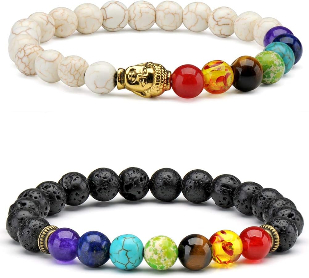 Senlinmu 7 Chakra Stone Beads Bracelet Turquoise Agate Yoga Meditation Chakra Balancing Reiki Healing Elastic Bracelet for Men Women