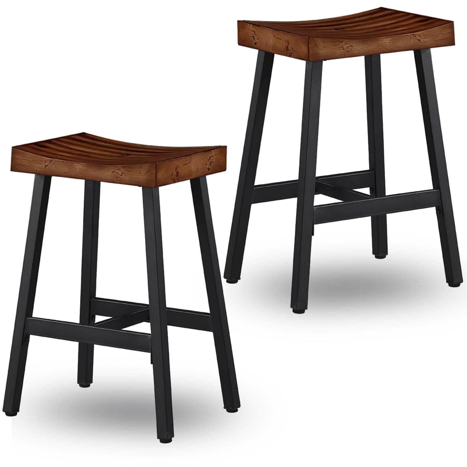 KORZEY Bar Stools Set of 2, Backless Saddle Barstools, 25" Solid Wood Counter Height Kitchen Bar Stool, Wooden Seat with Black Metal Frame, BS521P2