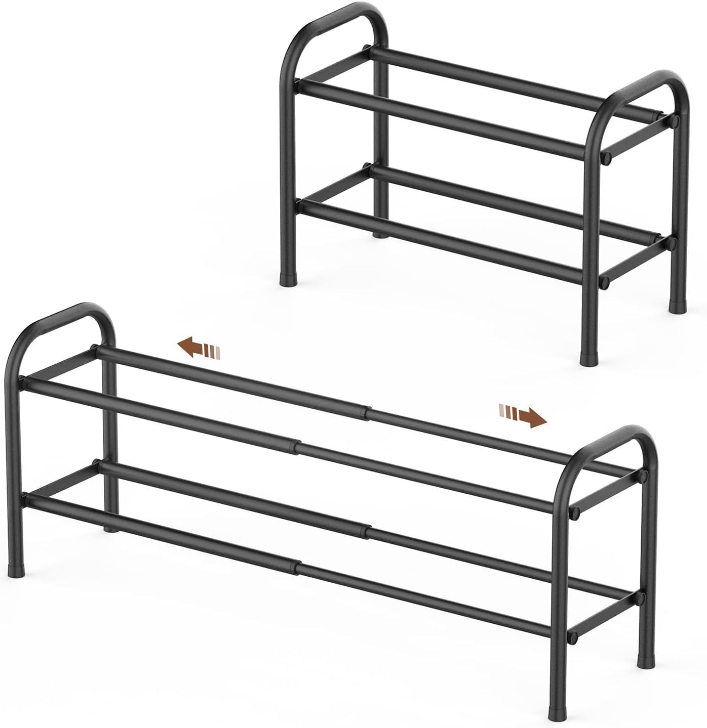 Shoe Rack,2 Tier Metal Extendable Shoe Storage Organizer,Adjustable Shoe Storage Stand for Hallway,Living Room,Bedroom,Small Black Shoe Rack for Narrow Space,Fits 8 to 10 Pairs of Shoes (2 Tier)