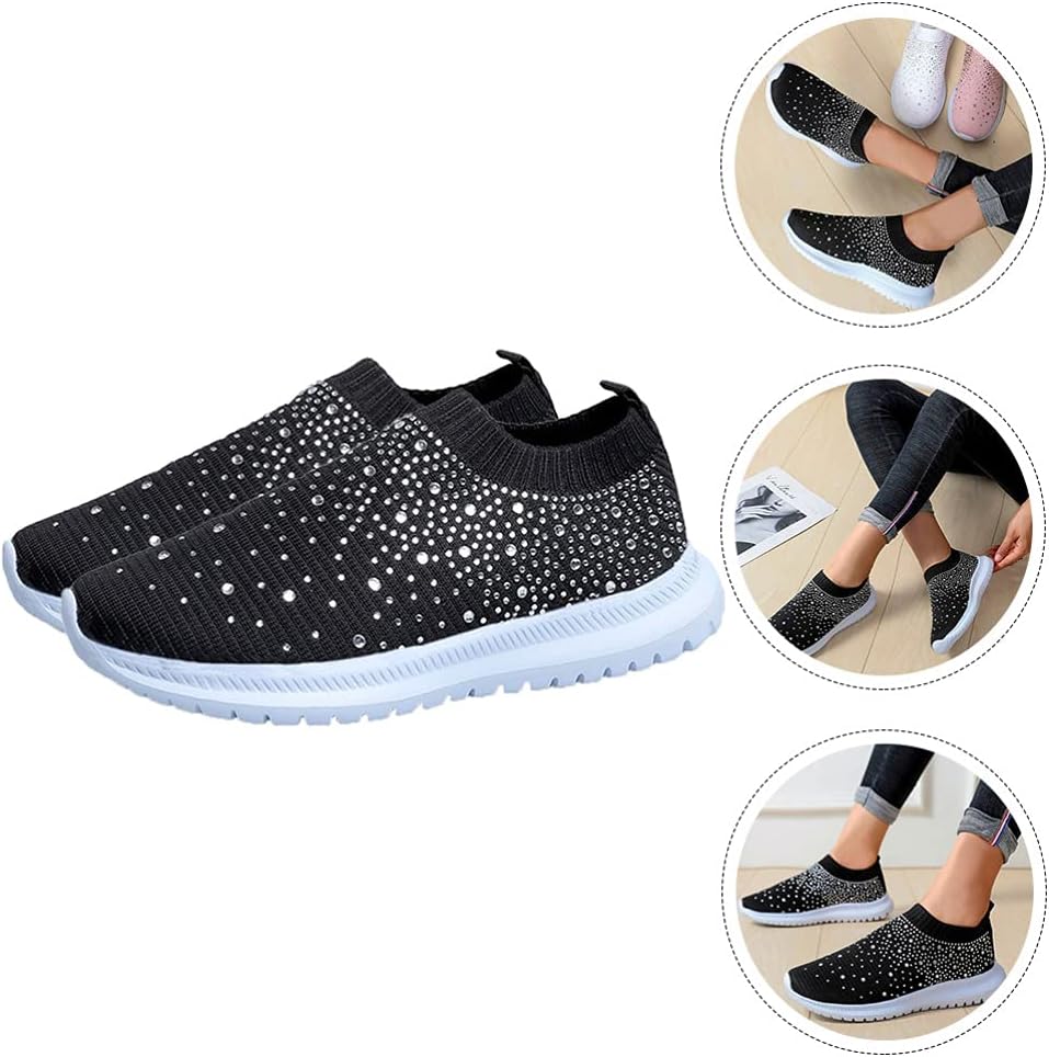 Women's Rhinestone Slip on Sneakers Breathable Mesh Sports Shoes Lightweight Casual Walking Shoes in Black