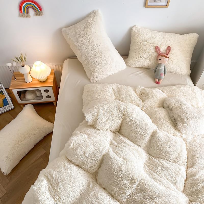 Miniatura 5 de chovy Juego de edredón de felpa de pelo sintético blanco lechoso tamaño King, ultra suave, lanudo terciopelo de franela esponjoso, juego de ropa de