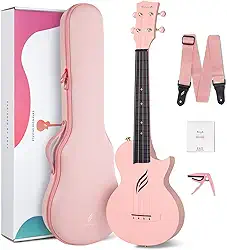 Ukulele concert Enya Nova U 58 cm, de fibra de carbono, ukulele de viagem com kit para iniciantes inclui aulas online (sem garantia de versão em português), estojo, alça, capo e cordas (rosa)