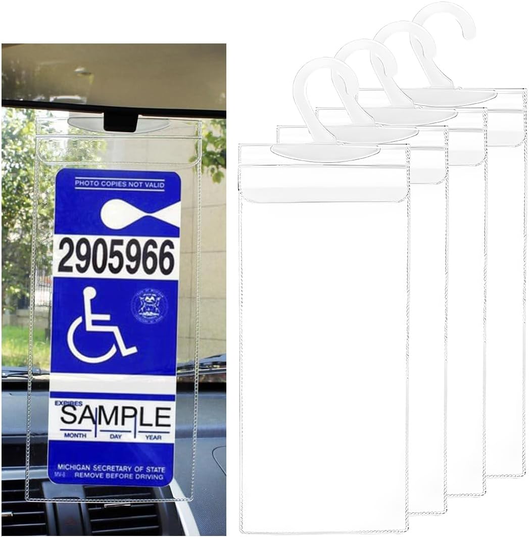 KVAEY Handicap Placard Holder, 11.6"×5" Transparent Disabled Parking Permit Protective Holder Sleeve, Automotive Disabled Placard Cover with Large Hanger, Car Accessories (4 PCS)